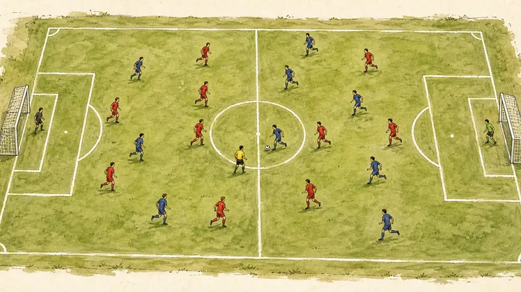 Hand-drawn watercolor illustration of a soccer match viewed from above